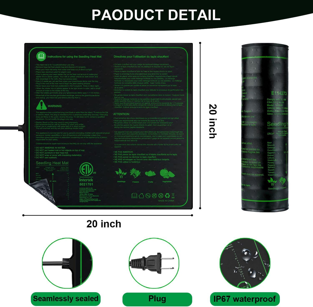 Upgrade 20"x20" Durable Waterproof Seedling Heat Mat with ETL Certified, Warm Hydroponic Heating
