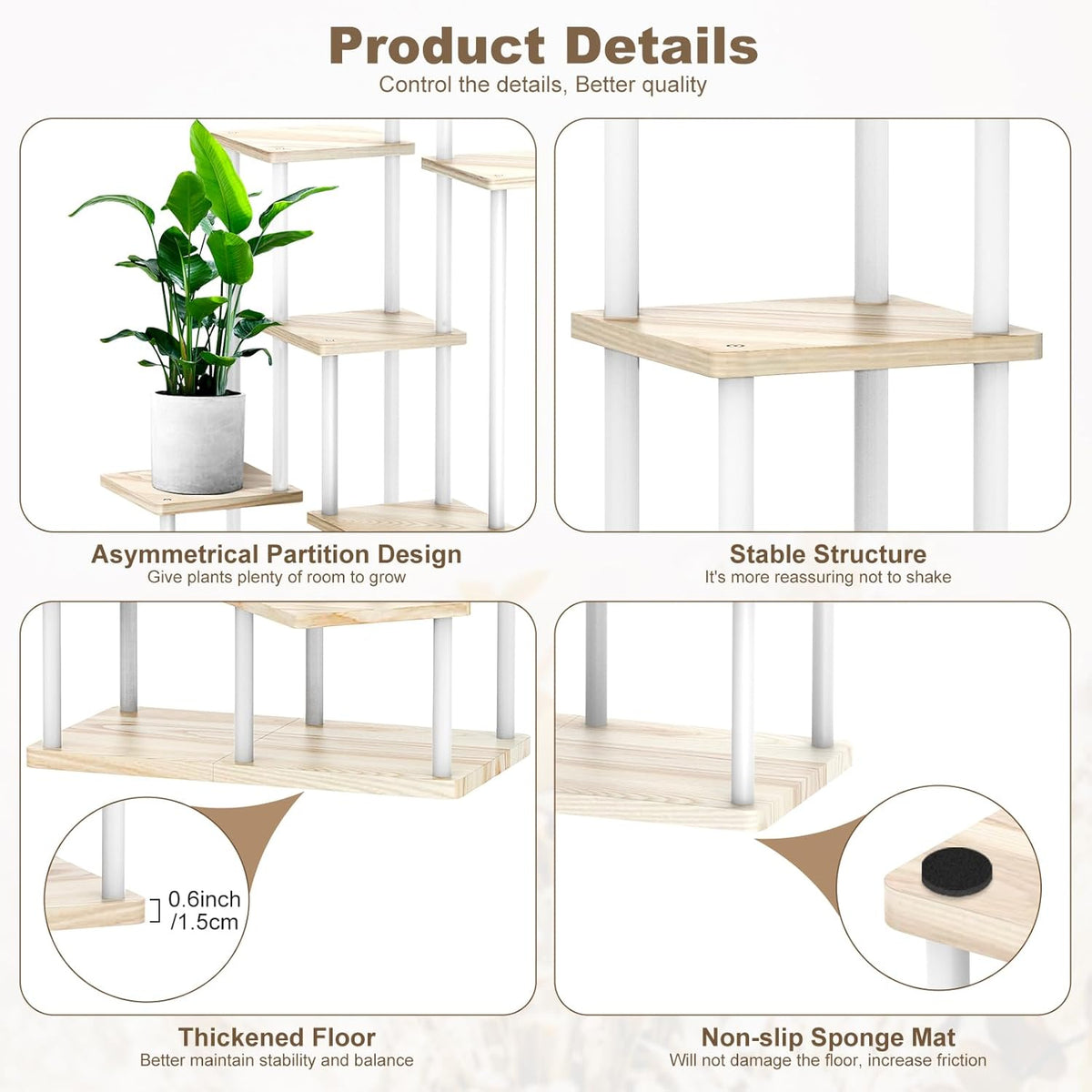7 Tier Wood Tall Plant Stand Metal Rack Indoor, Multiple Flower Pot Holder Shelves Corner Rack