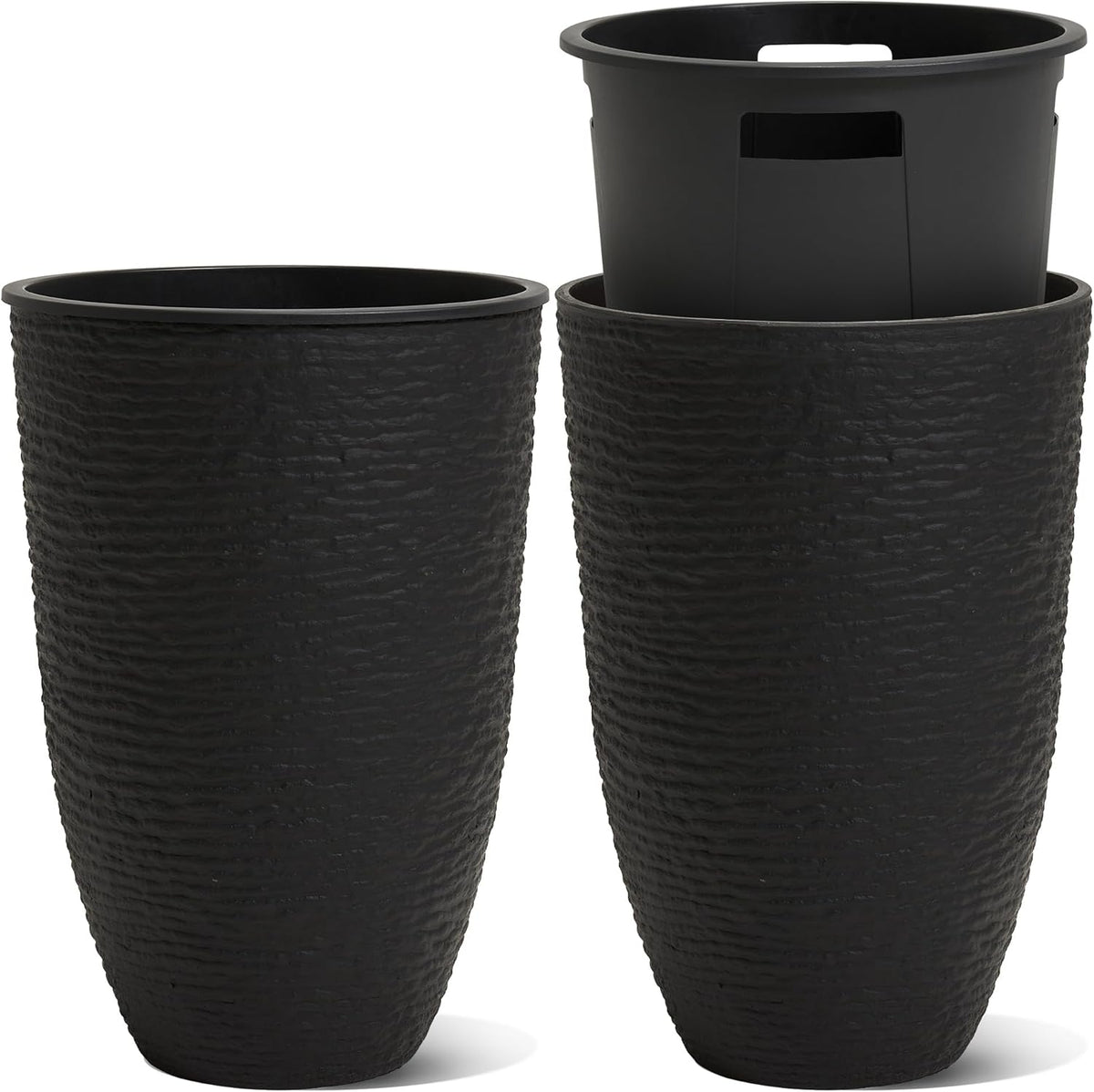 WORTH Garden 2-Pack 21" H. Black Tall Planters with Inside Pots - 14'' Dia Plastic Large Round