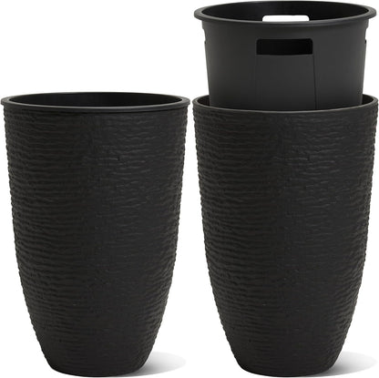 WORTH Garden 2-Pack 21" H. Black Tall Planters with Inside Pots - 14'' Dia Plastic Large Round