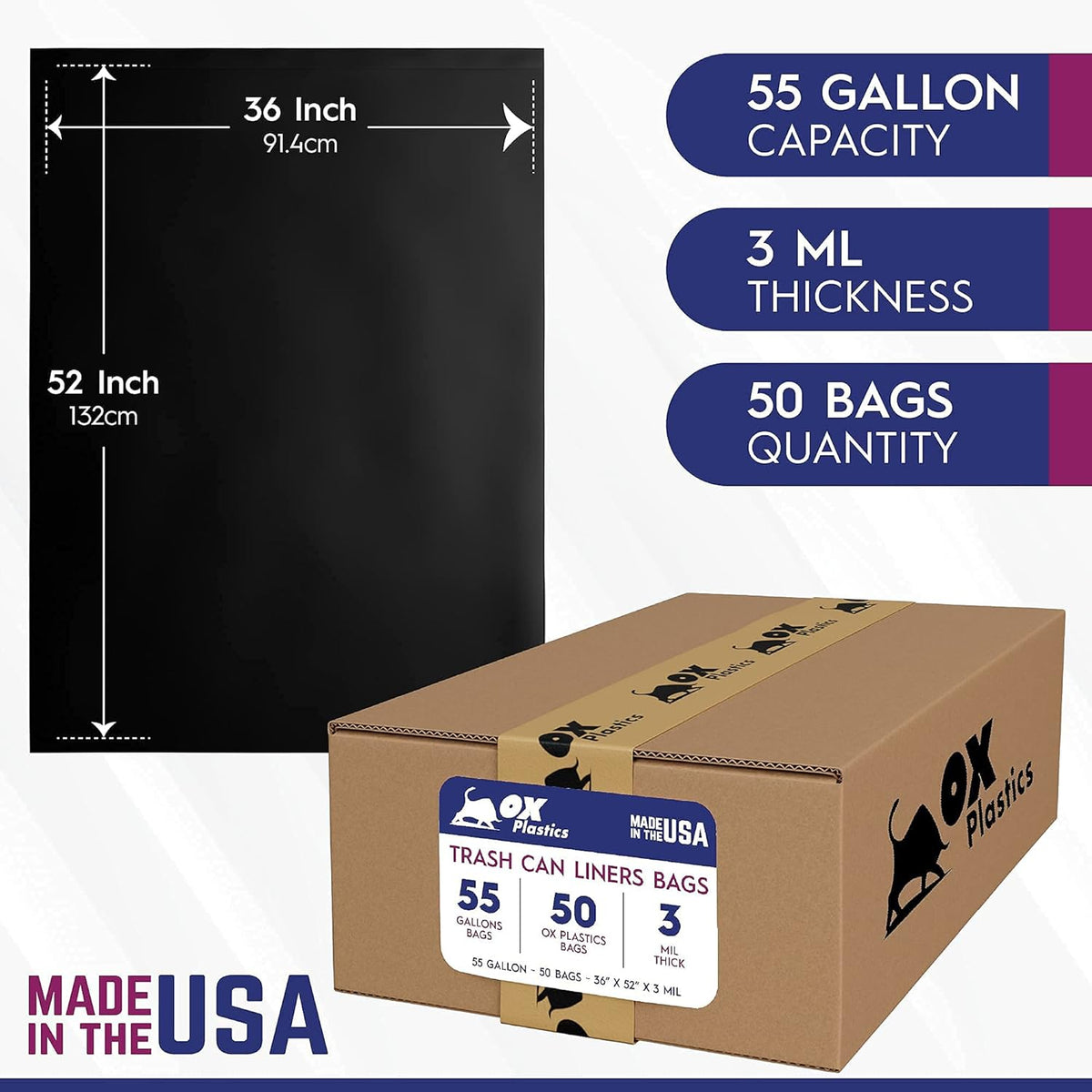 55 Gallon Trash Bags Heavy Duty – Large Black Contractor Bags 36x52" – Industrial, Yard Waste, Lawn