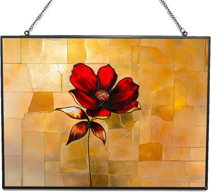 Personalized Rectangle Red Flower Stained Glass Window Hangings Stained Glass Suncatcher Birthday