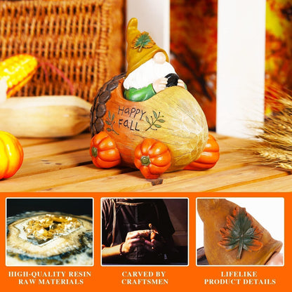 Topadorn Fall Gnome Statue Pine Cone Car with Pumpkin Wheel, Autumn Harvest Gnome Resin Figurine