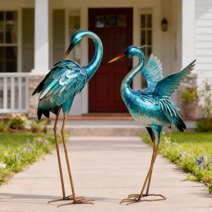 Garden Crane Statues for Outdoor Blue Heron Metal Birds Yard Art Ornaments for Backyard Pond Patio