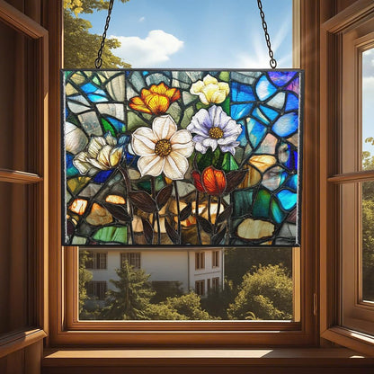Customized Rectangle Lotus in The Lake Stained Glass Window Hanging, Stained Glass Suncatcher for