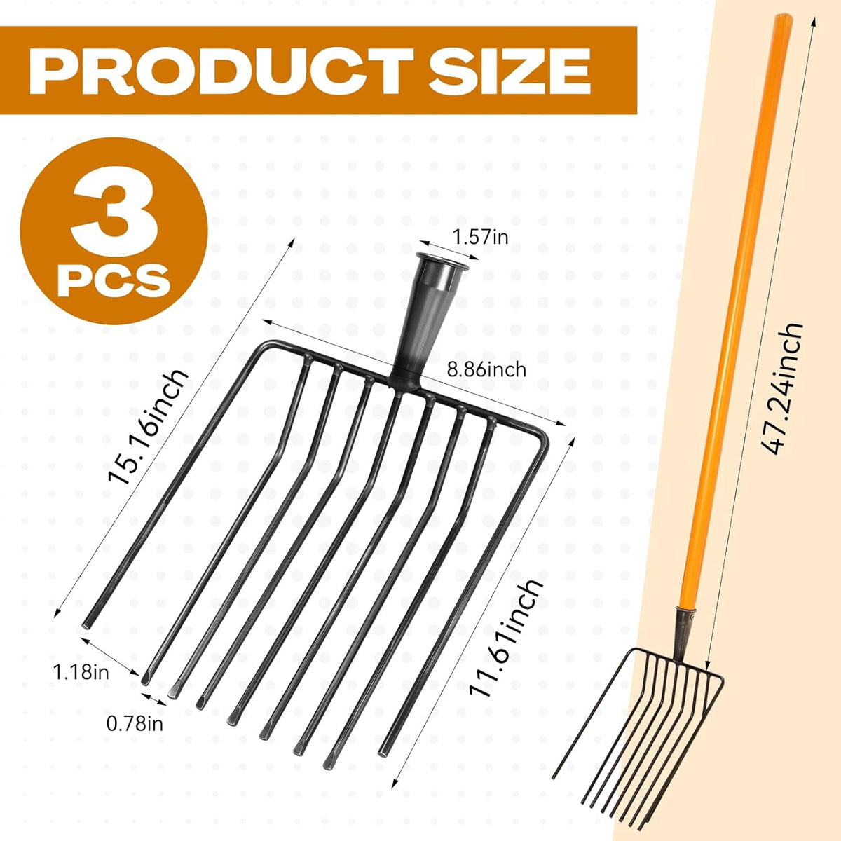 Pitch Fork, 3 Sets Heavy Duty Pitch Fork with 47.2" Wood Handle, 9-Tine Horse Stall Forks with