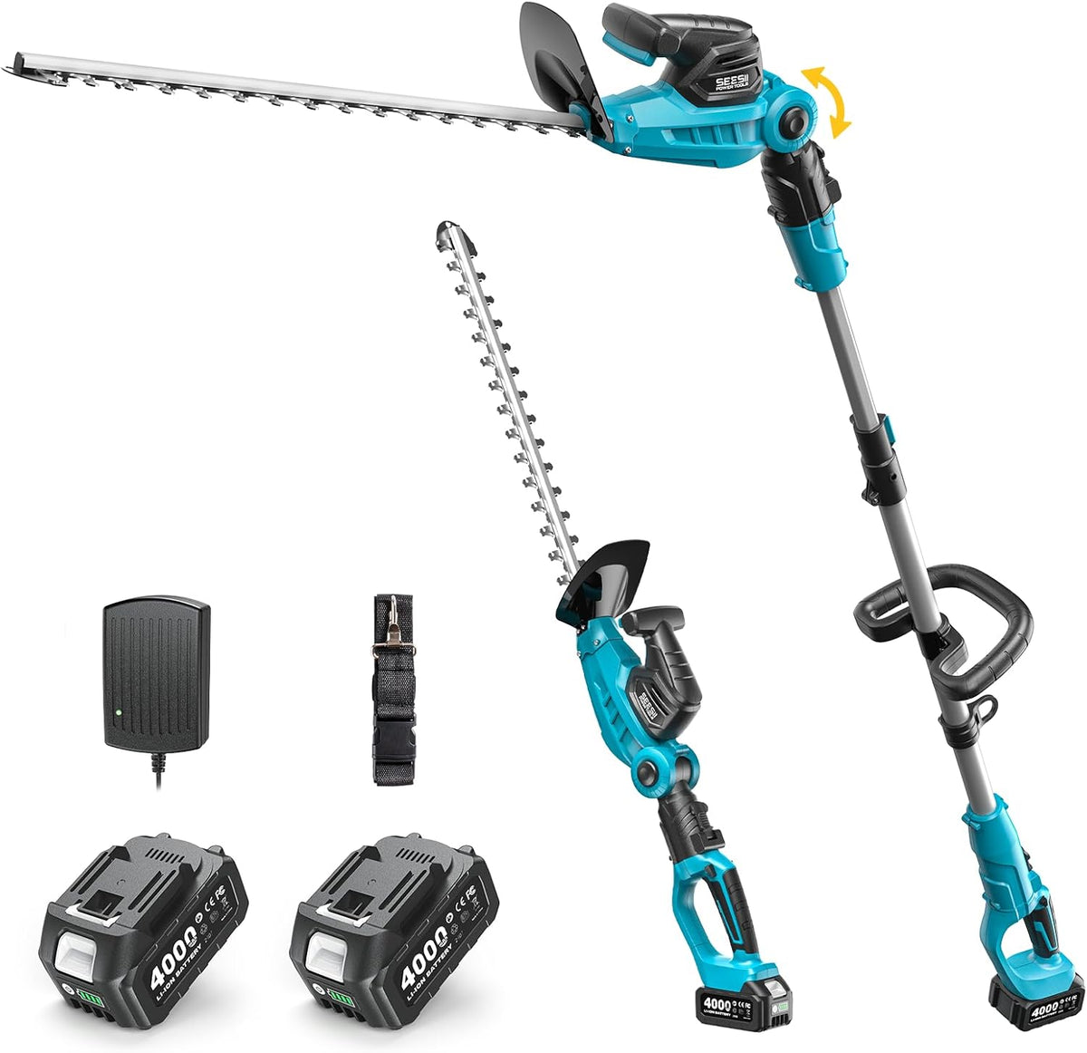 SEESII Pole & Cordless Hedge Trimmer 2-in-1: Electric Bush Trimmer with 20" Dual-Action Blade - 2