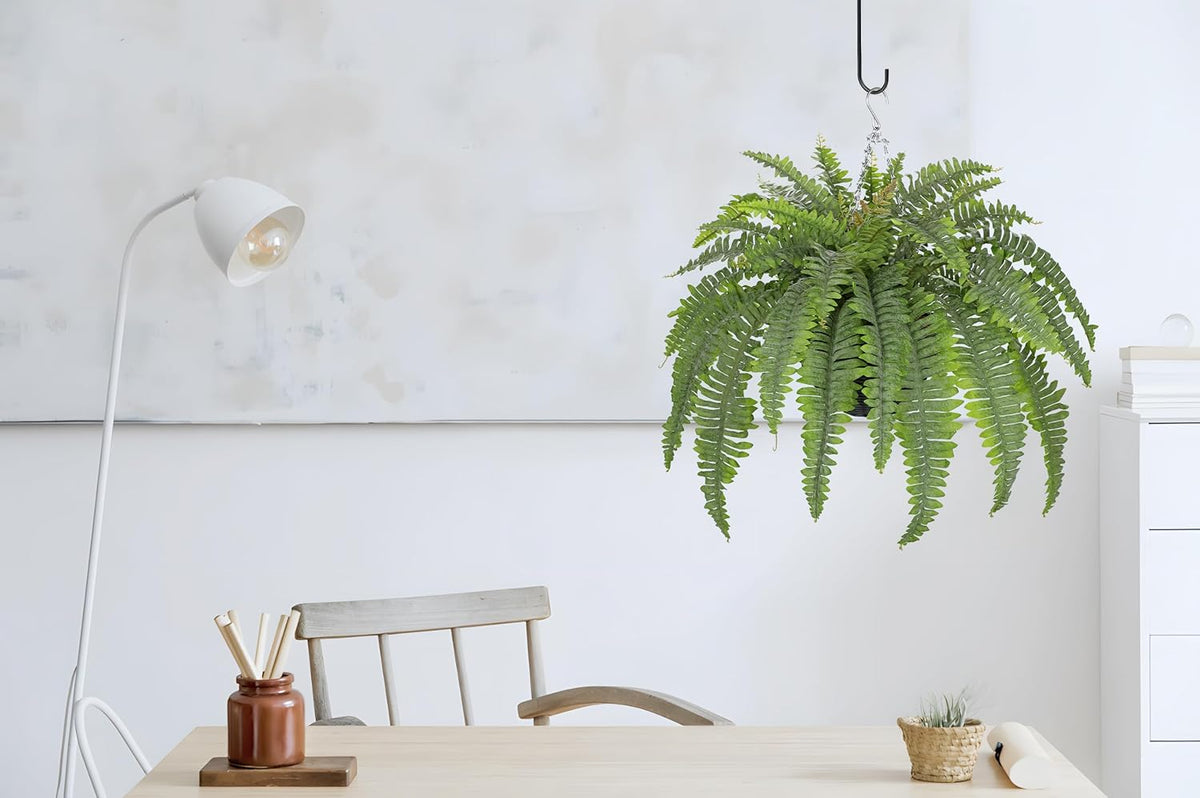 Hollyone 33" Artificial Boston Fern Hanging Basket Large 39 Leaves Fake Ferns in Rattan Pot