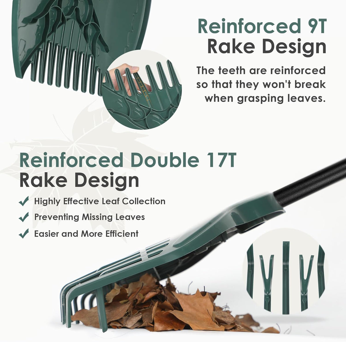 ORIENTOOLS 17Tines Double Row Garden Rake Set with 9Tines Leaf Hand Rakes, 272L Leaves Bin and
