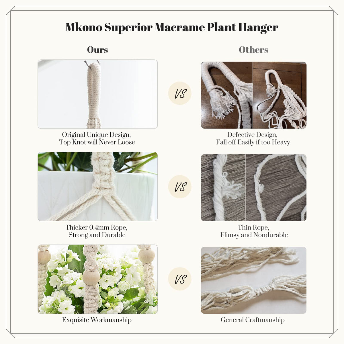 Mkono Macrame Plant Hanger Indoor 35 Inch Hanging Planter Basket Ivory 1Pc