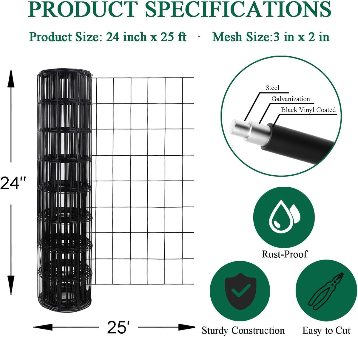 Black PVC Coated Welded Wire Fence 24 Inch x 25 Foot, 2 Inch x 3 Inch 16GA, Garden Border Fencing