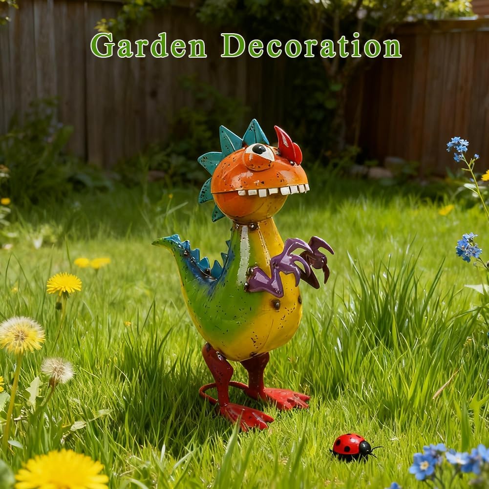 Metal Dinosaur Statue Outdoor Garden Decor - Wacky Dino Yard Art Gift, Funny Dinosaur Sculpture for