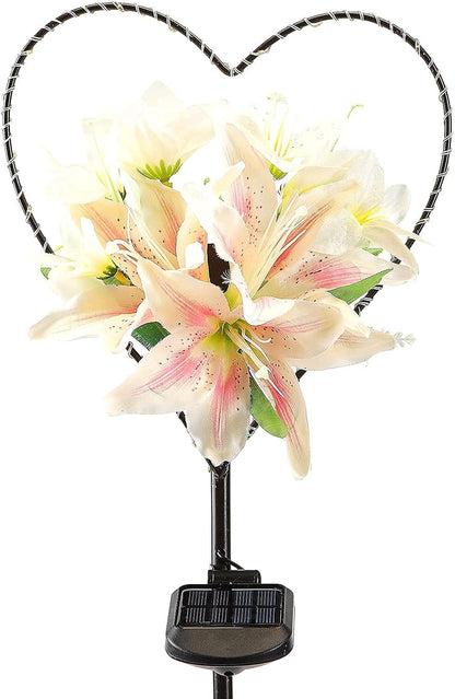 Starryfill Garden Solar Lights Outdoor Heart-Shaped with White Lily Flowers, Metal Stake Lights