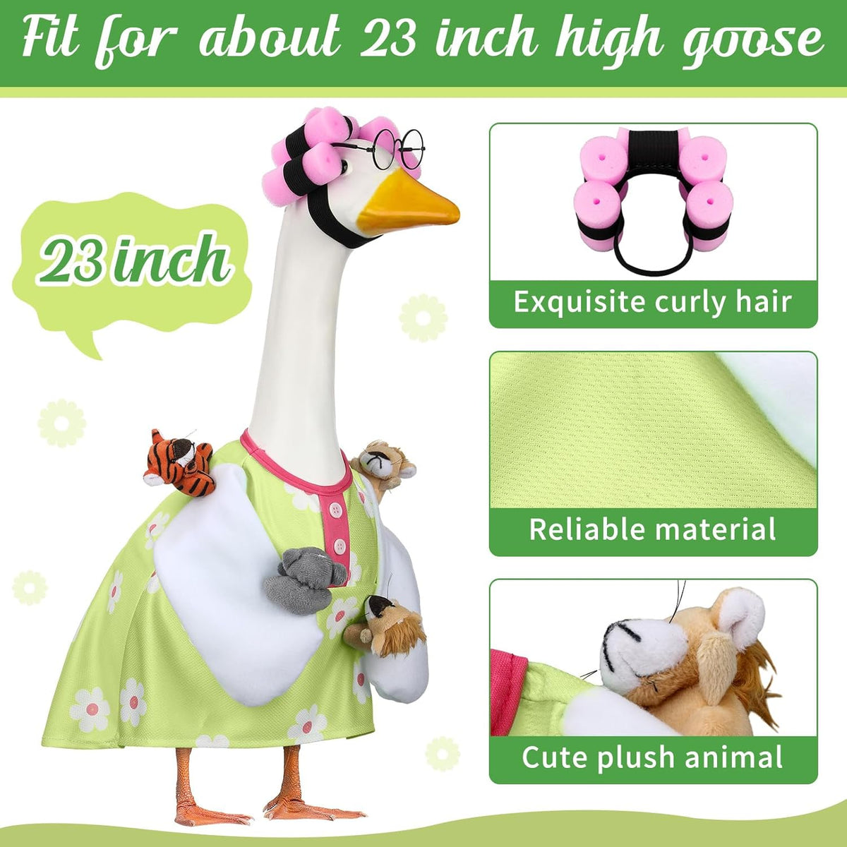 Suzile Funny Lady Porch Goose Outfit for 23'' Cement Goose Curler Wig Costume Glasses with Cute