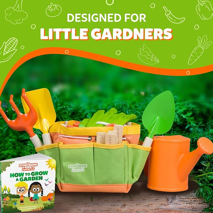 Matching Board Book - Green Kids Gardening Tools Set Includes Sturdy Tote Bag, Watering Can