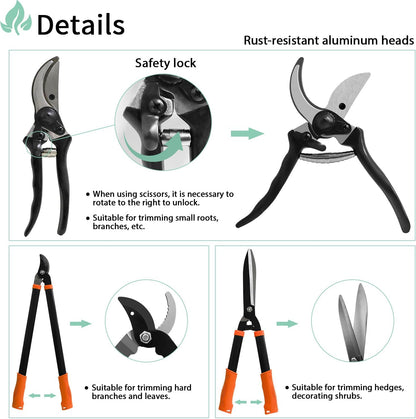 SunnyRoyal 3 pieces Garden Tools Set - Lopper & Pruning Shear & Tree Trimmer Pruner for Lawn Garden