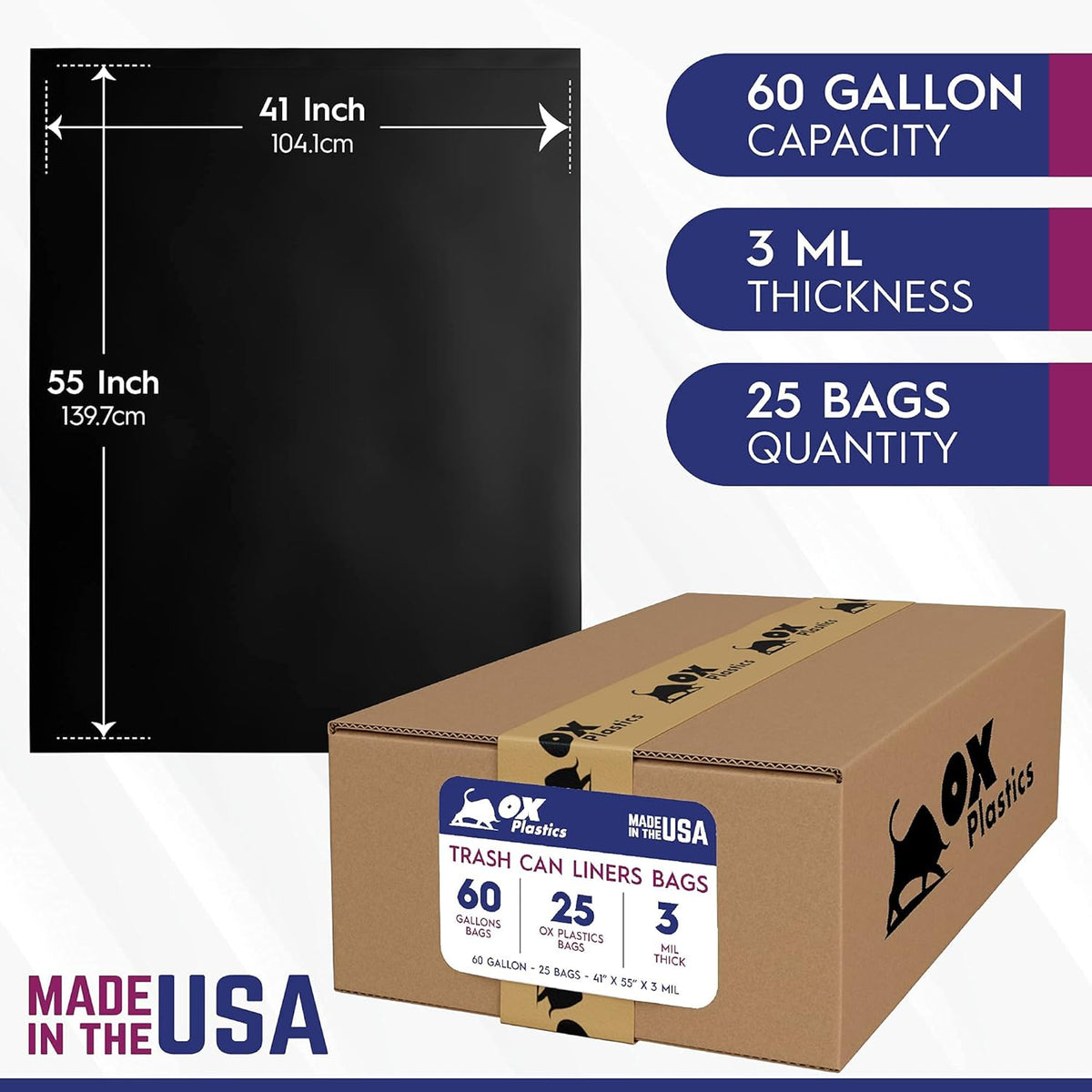 Ox Plastics 60 Gallon Trash Can Liners Bags - (25 Count) & 3mil Thick Extra Heavy Duty Strength