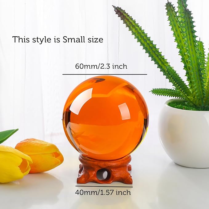 Small Amber Crystal Ball 60mm/2.3 inch with Rose Wooden Stand and Gift Box for lensball