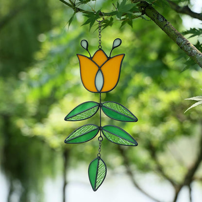 Tulip Stained Glass Suncatcher, Folk Flower Stained Glass Window Hanging Sun Catcher, Retro Home