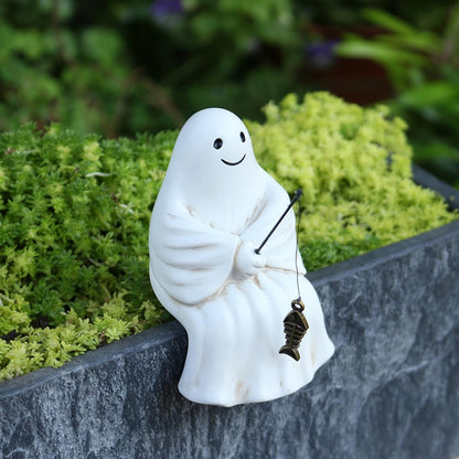 Fishing Ghost Statue Funny Halloween Decorations, 3.35 Inch Cute Sitting Ghost Figurine Shelf