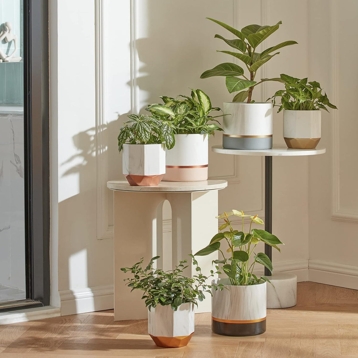 LA JOLIE MUSE White Ceramic Flower Pots - 6.7 + 5.4 Inch Indoor Planters, Plant Containers in a