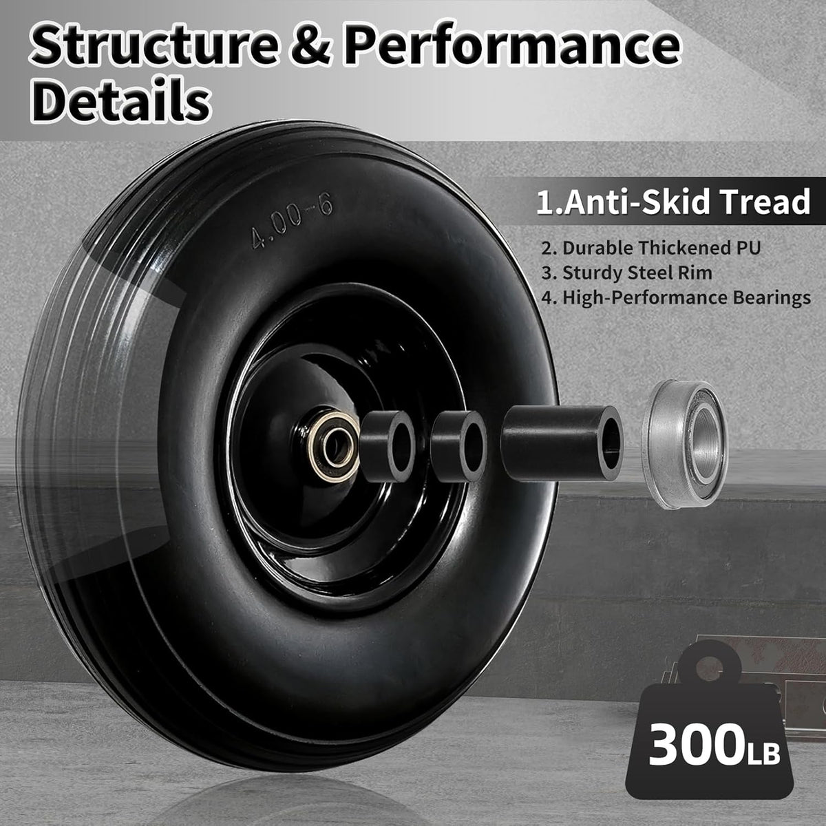 Wheelbarrow Wheel 13 Inch Flat Free 4.00-6 Solid Tire, Replacement Heavy Duty, with 5/8" and 3/4"