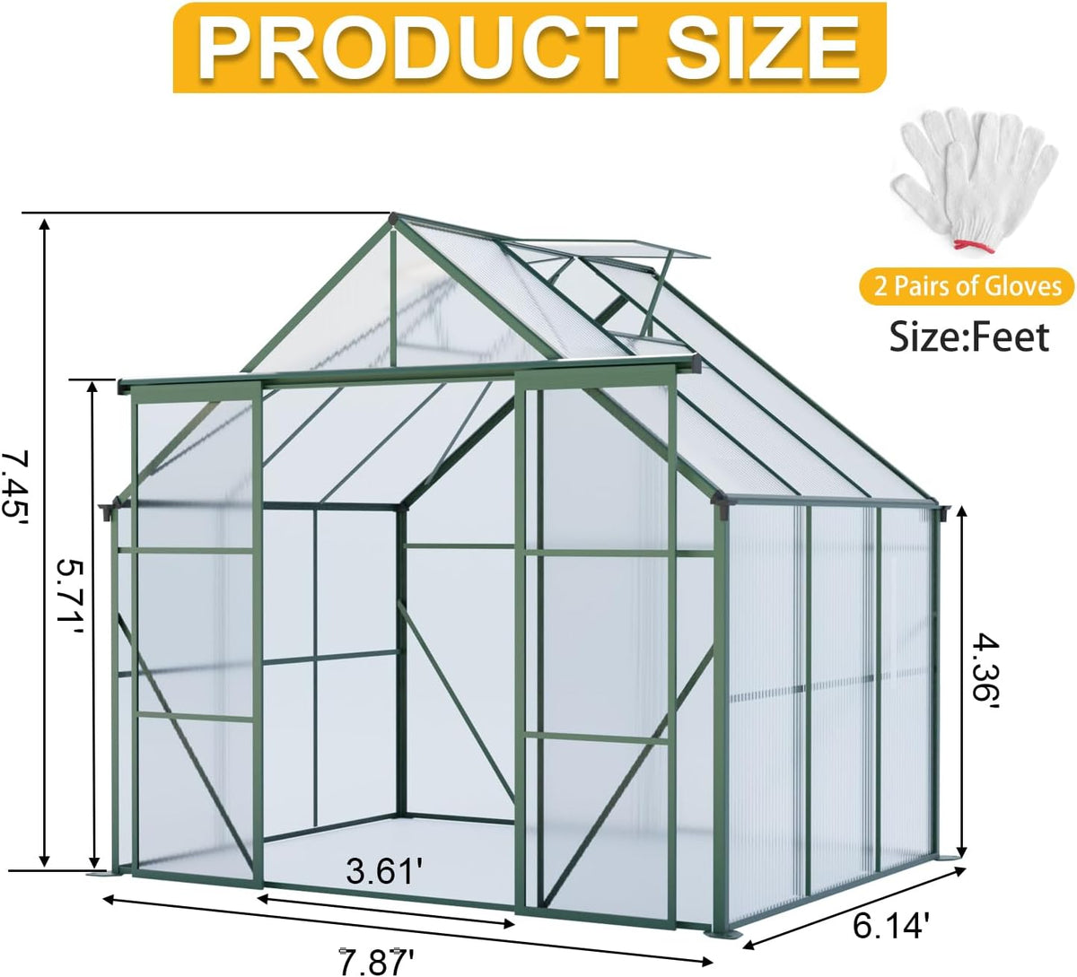 KEIKI 8x6 FT Double Door Polycarbonate Greenhouse with Aluminum Frame,Raised Base and Roof