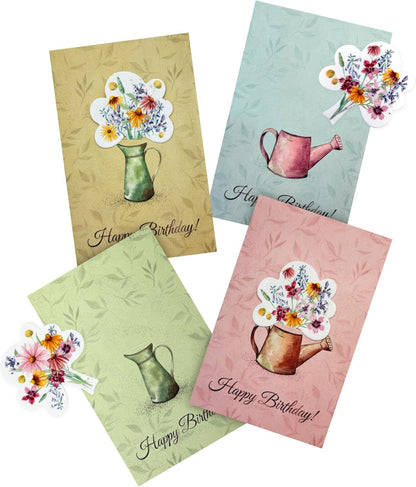 Seed Paper Birthday Cards – 4 Plantable Bouquet Inserts with Wildflower Seeds, 4 Greeting Cards &