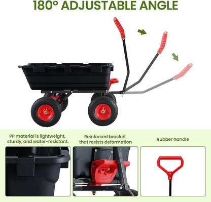 Garden Dump Cart,Heavy Duty 900lbs Poly Wheelbarrow with 10-Inch Tires,180° Rotating Handle,Steel