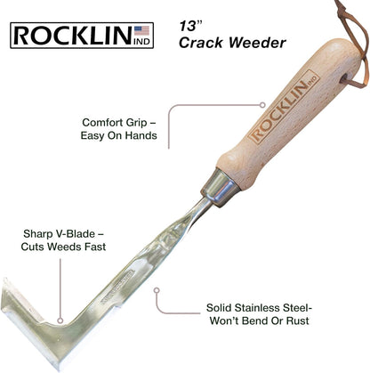 Rocklin™ Crack Weeder – 13" Stainless Steel Manual Crevice Weeding Tool with Beech Wood Handle
