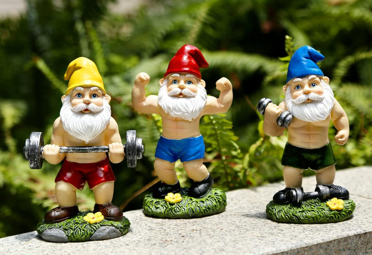 Funny Workout Garden Gnomes Statues 3pcs 6.2 Inches Outdoor Muscular, Barbell and Dumbbell Gnomes