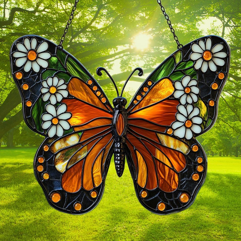 Floral Monarch Acrylic Suncatcher Stained Glass Effect Window Car Hanging Christmas Ornament Indoor