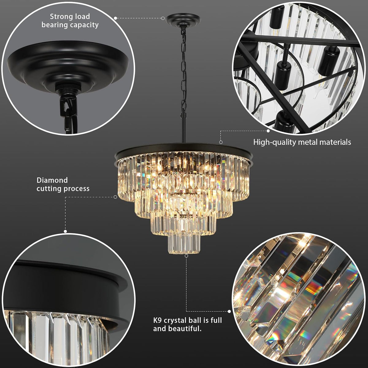 Crystal Chandeliers for Dining Room Lights Fixture Over Table, 15 Lights Black Modern Chandeliers
