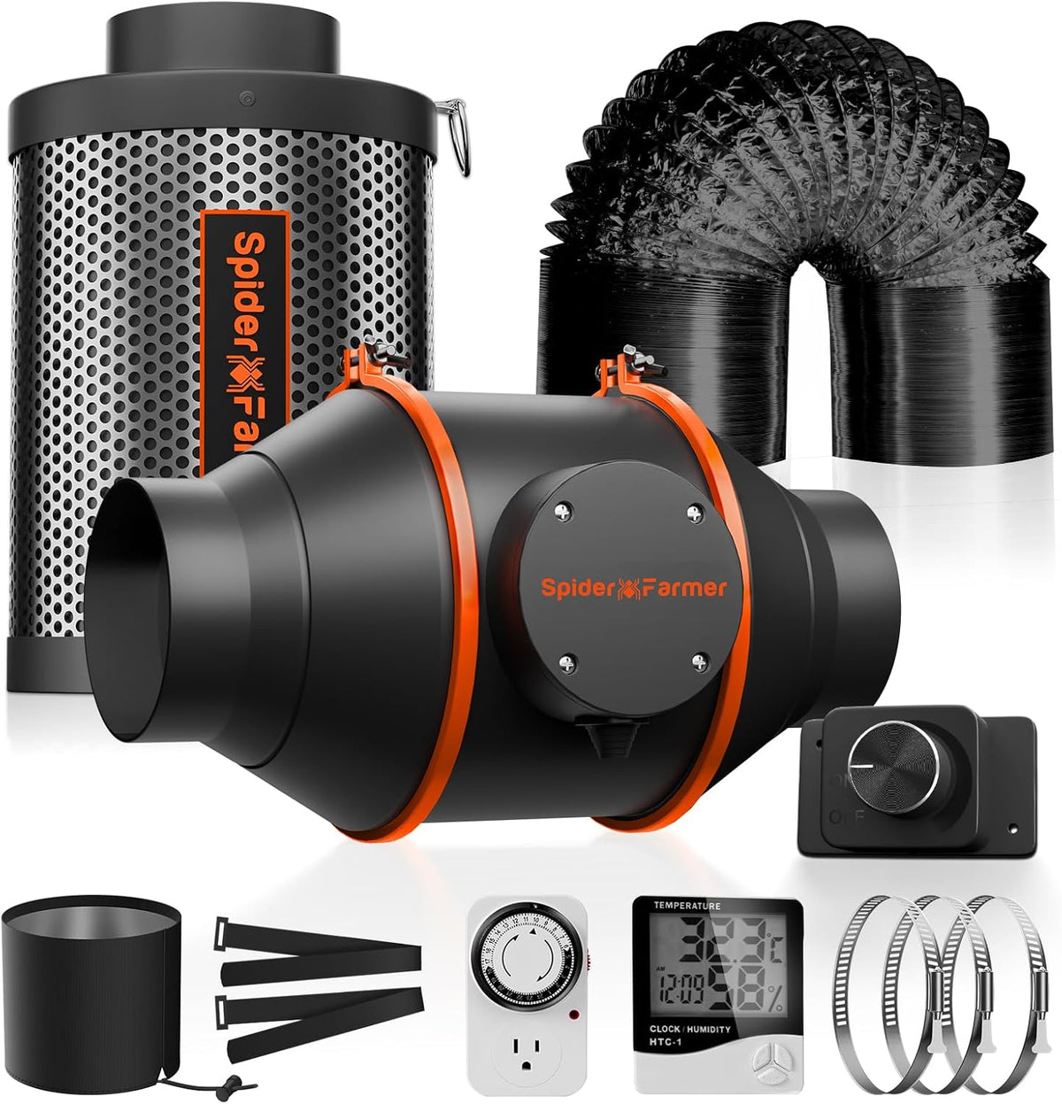 Spider Farmer Air Filtration Kit 4 Inch, Inline Duct Fan with RJ12 Speed Humidity Controller
