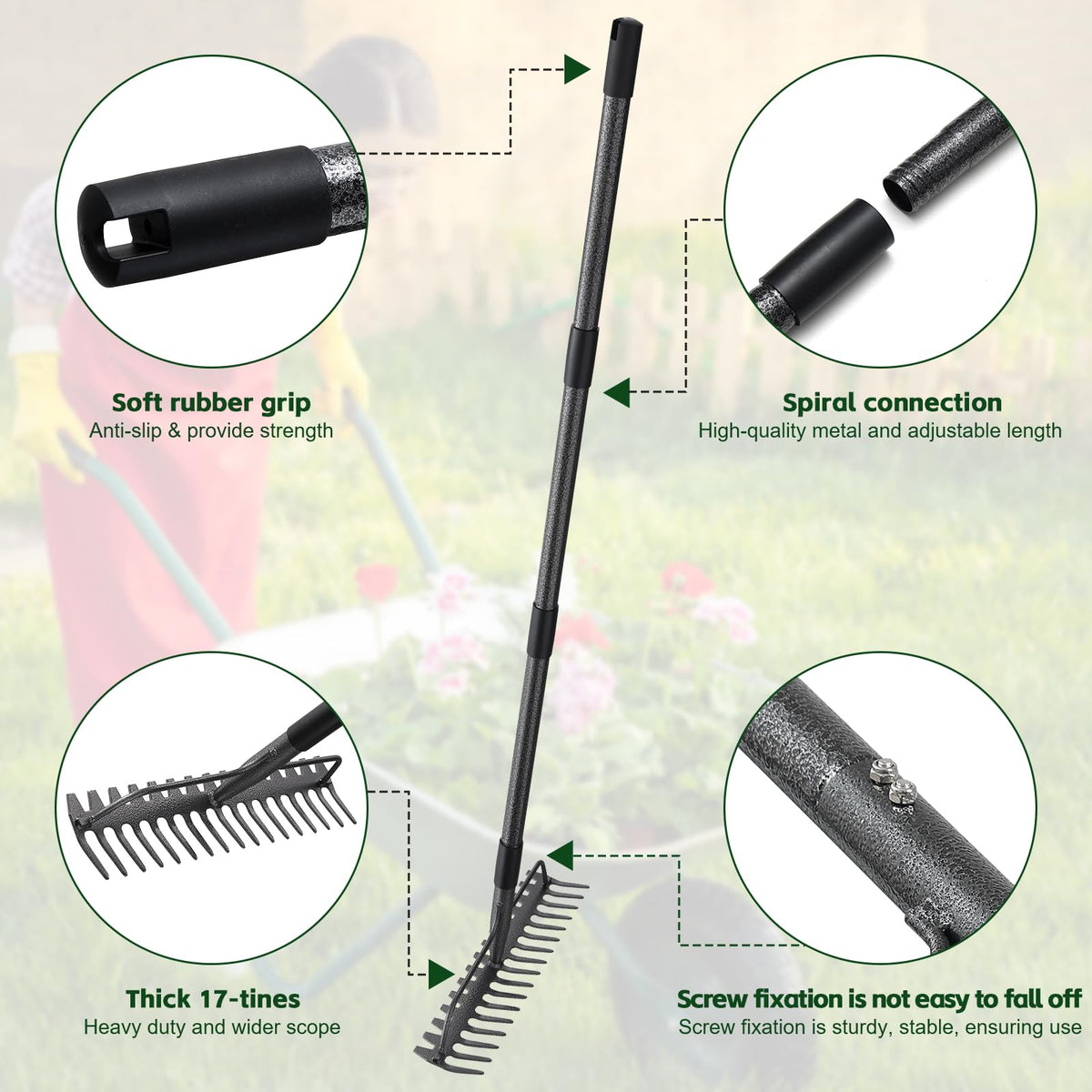 63'' Bow Rake ，17 Tines Metal Head Rakes with Stainless Steel Handle，Heavy Duty Garden Rake for