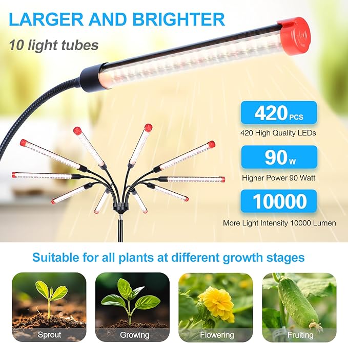 10-Head Grow Light with Stand and Timer, 90 Watt Power Home Plug LED Grow Lights for Indoor Plants