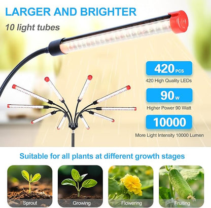10-Head Grow Light with Stand and Timer, 90 Watt Power Home Plug LED Grow Lights for Indoor Plants