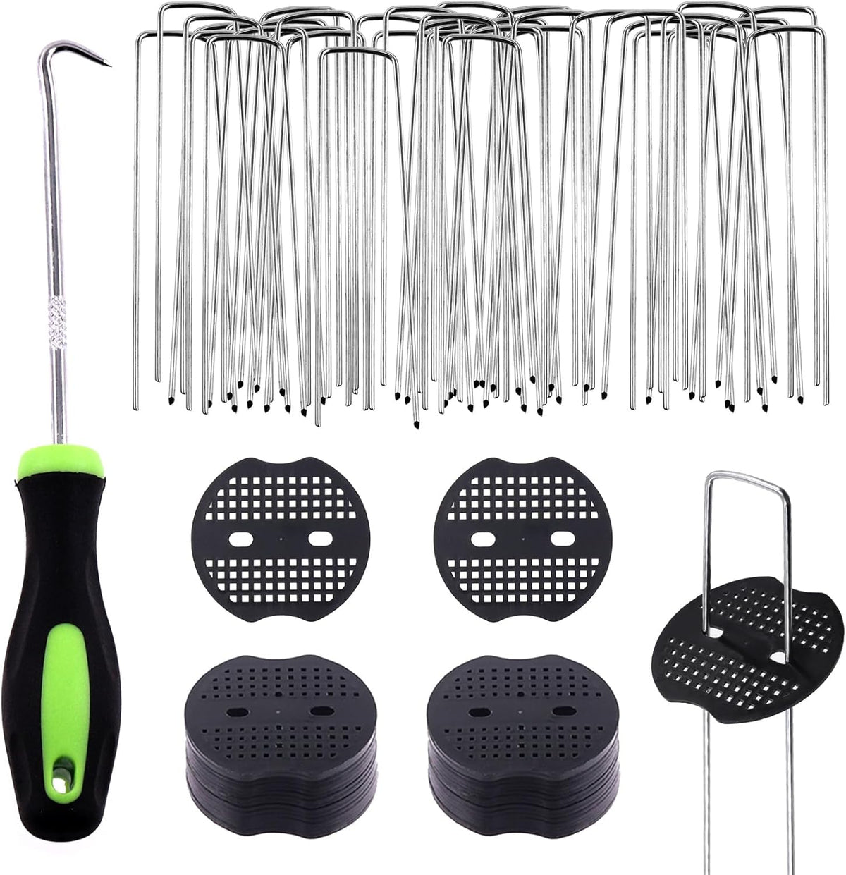 Swpeet 101Pcs U-Shaped Landscape Garden Stakes Staples and Plastic Fixing Gasket with Pick Hook