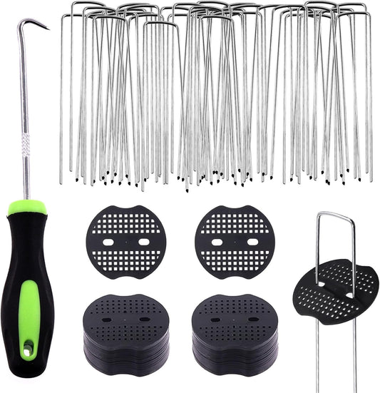Swpeet 101Pcs U-Shaped Landscape Garden Stakes Staples and Plastic Fixing Gasket with Pick Hook