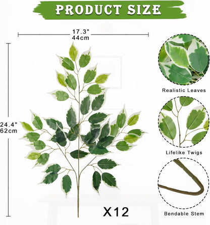 12PCS Ficus Leaves Artificial Branches 24" Faux Ficus Greenery Tree Branches Fake Ficus Leaves