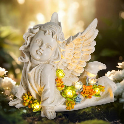Solar Cherub Angel Outdoor Garden Decor Statues - 7 inches Baby Angel Figurines Outdoor Sculptures