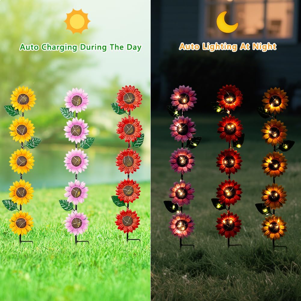 Solar Garden Stakes Lights,3 Pack Metal Sunflowers for Outside,Waterproof Solar Decorative Garden