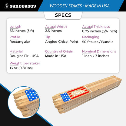 Sandbaggy 3 Ft Wood Stakes (1" X 3" X 36") - Made in The USA - 3" Extra Wide Stakes for Concrete