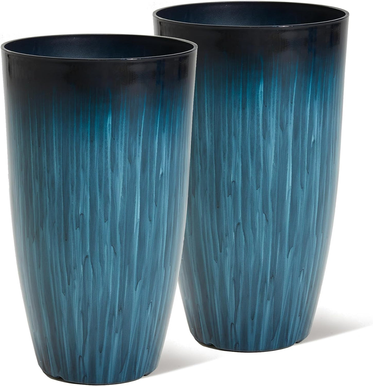Worth Garden 23.5" Tall Plastic Planters Set of 2 with Drainage Holes, Gradient Blue Glossy Finish