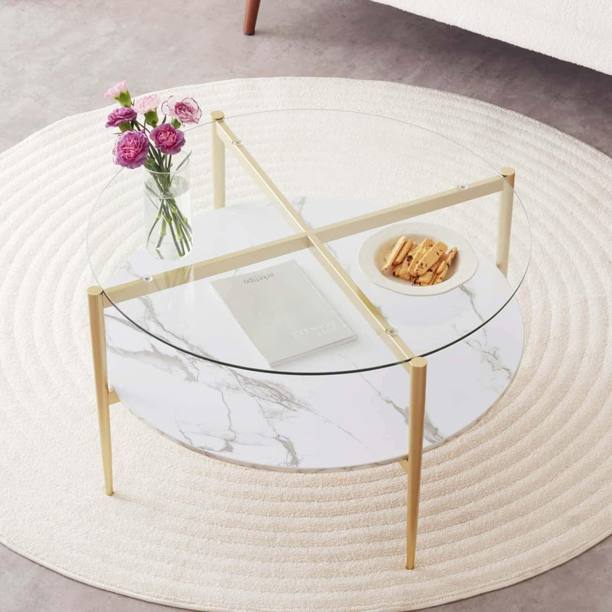 Round Coffee Table for Living Room, Mid-Century Modern Design, D30 x H17, 2-Tier Structure, Clear