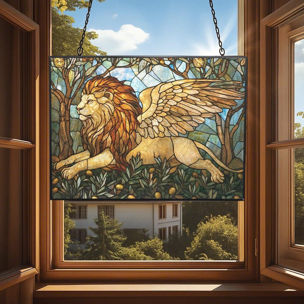 Personalized Rectangle Art Nouveau Olive Angel Lion Stained Glass Suncatcher Window Hanging, Gothic