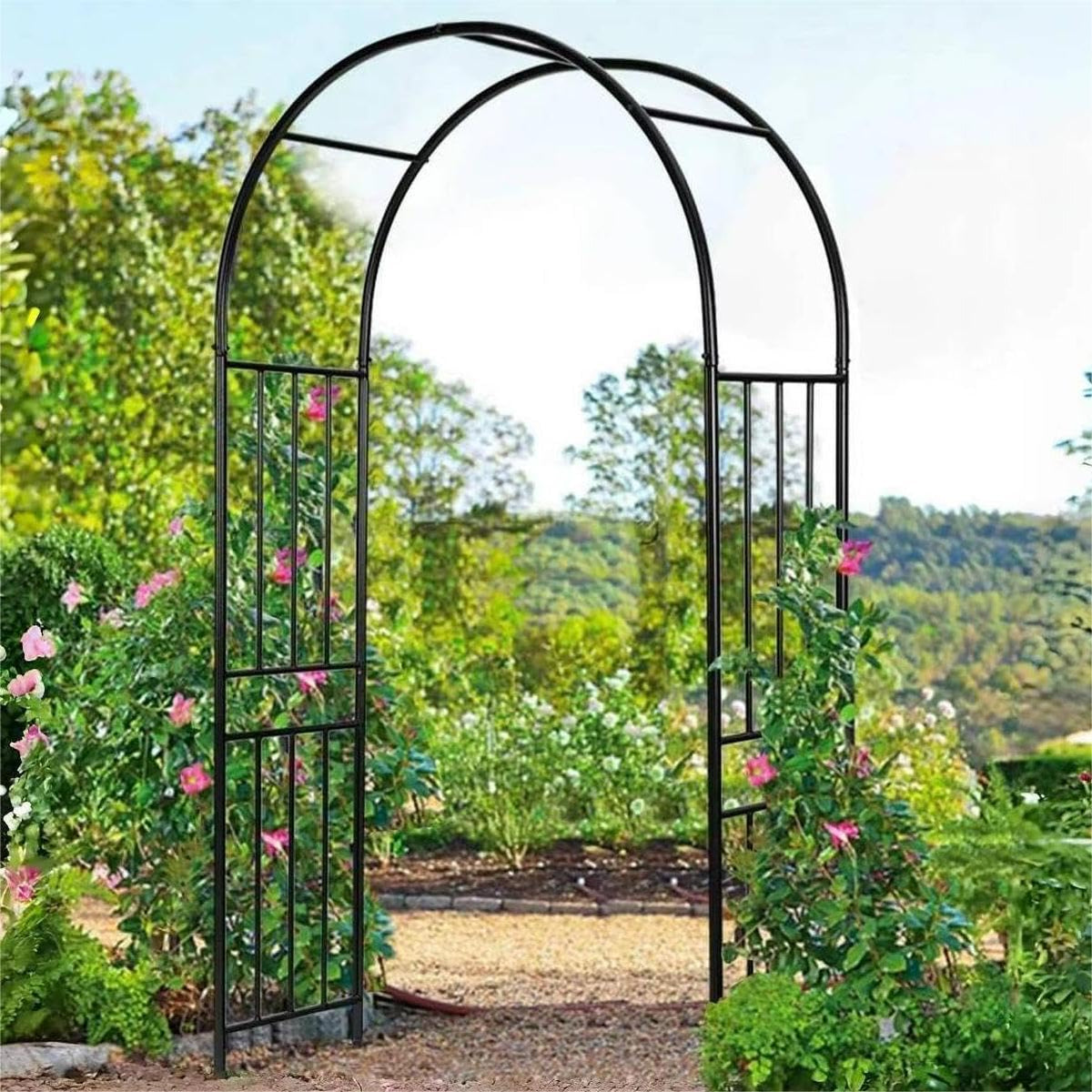 LDAILY Moccha Garden Arch Arbor Trellis, 7.2Ft Outdoor Steel Arbor with Stakes, Metal Archway for