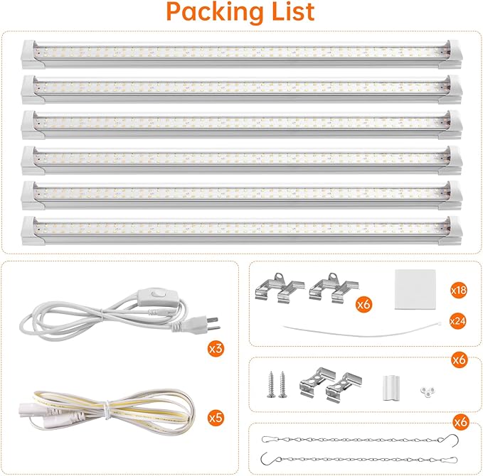 Bstrip Grow Light, 2FT 144W (6 x 24W) Plant Light, Full Spectrum with 660nm Red LEDs, 3686K T8 Grow
