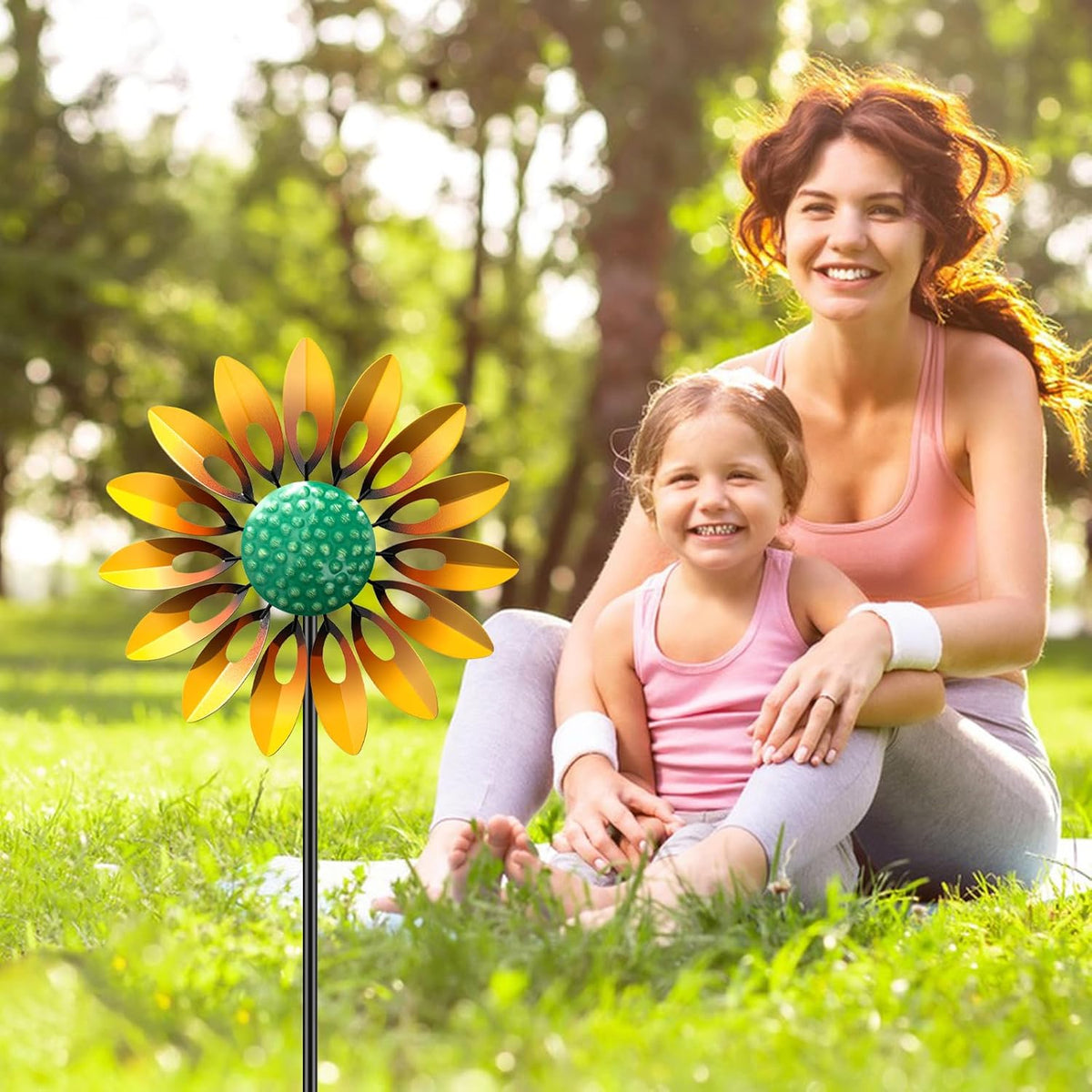 Sunflower Wind Spinners Outdoor, MeyRolizn Metal Pinwheel Wind Sculpture with Stake, Small Windmill