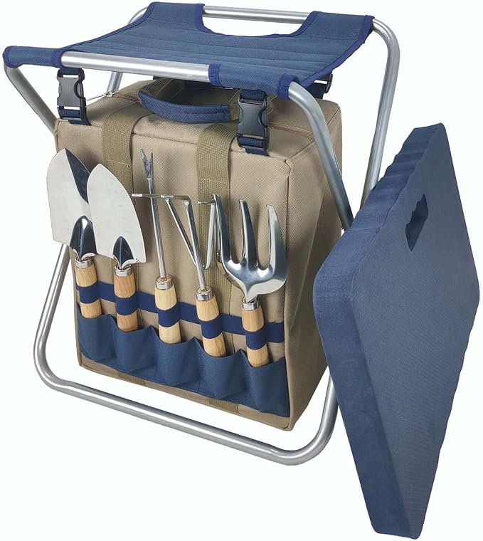 Garden Folding Gardener Stool with Gardening Tools Insulation Garden Bags Plus 5 Garden Tools and